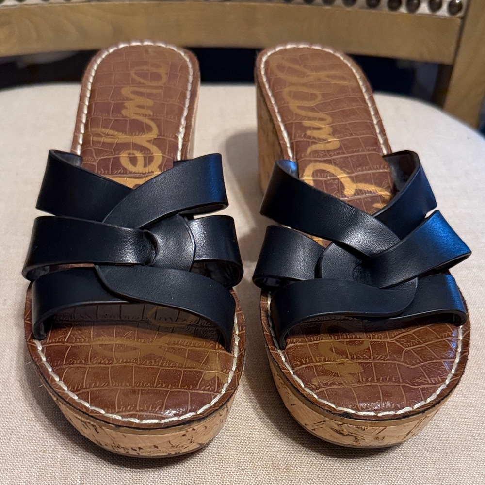 Sam Edelman Black Leather and Brown Wedge Sandals, Size 10